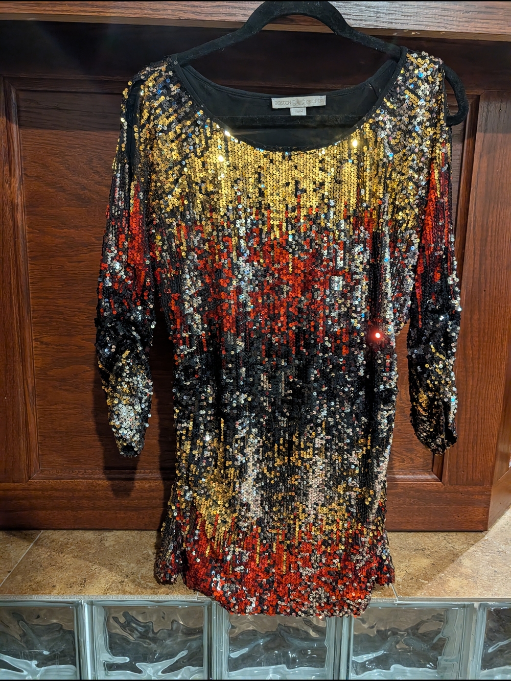 Boston Proper Gold, Red & Black Sequin Long Sleeve Dress Tunic